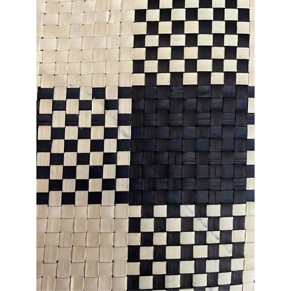 Checkered Beach Shop Tote Purse Bag with Beaded Handles Cream Black Checkered #1